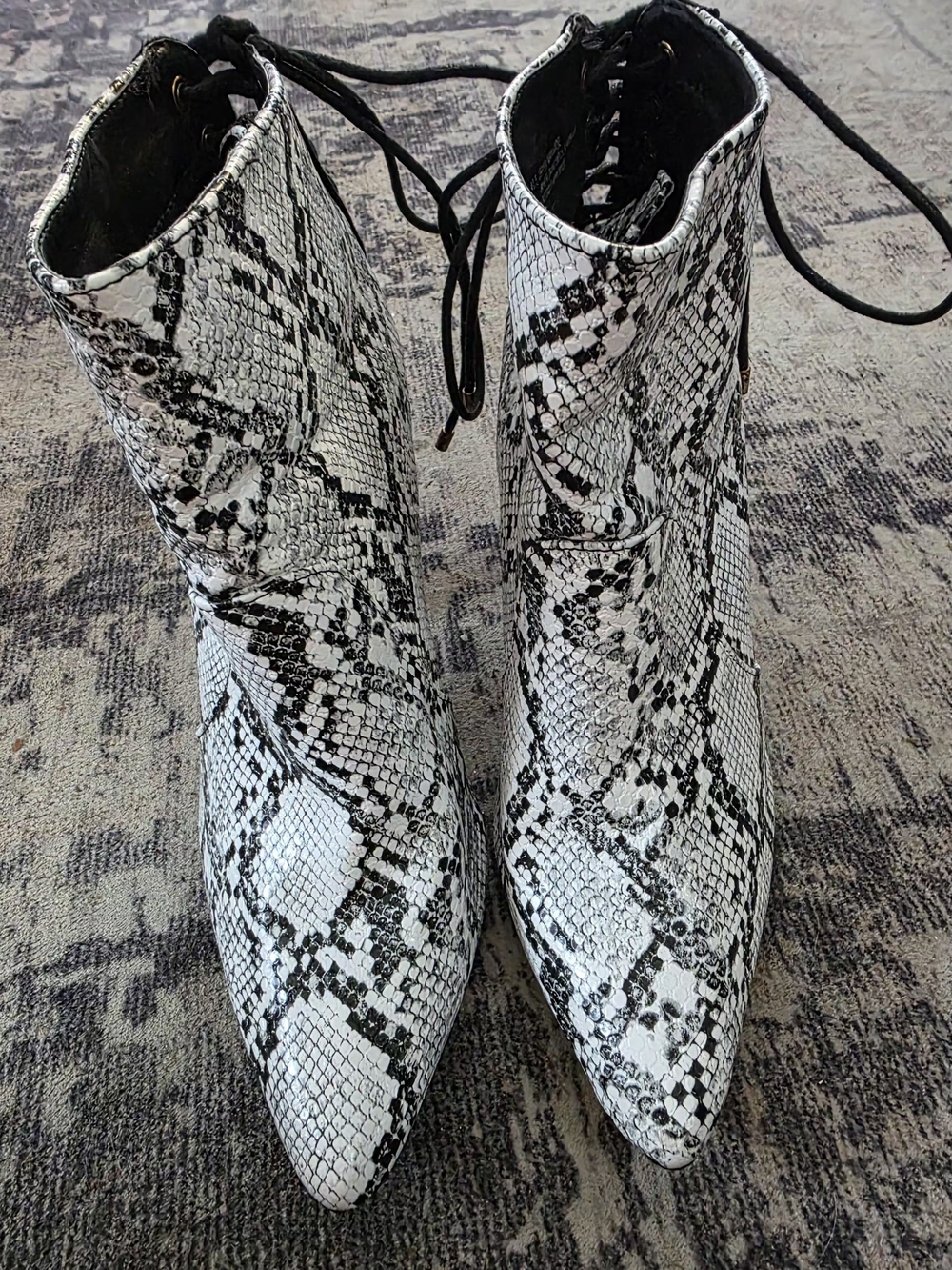 JustFab White and Black Snake-Print Pointed Lace-Up Ankle Boots - Picture 2 of 3